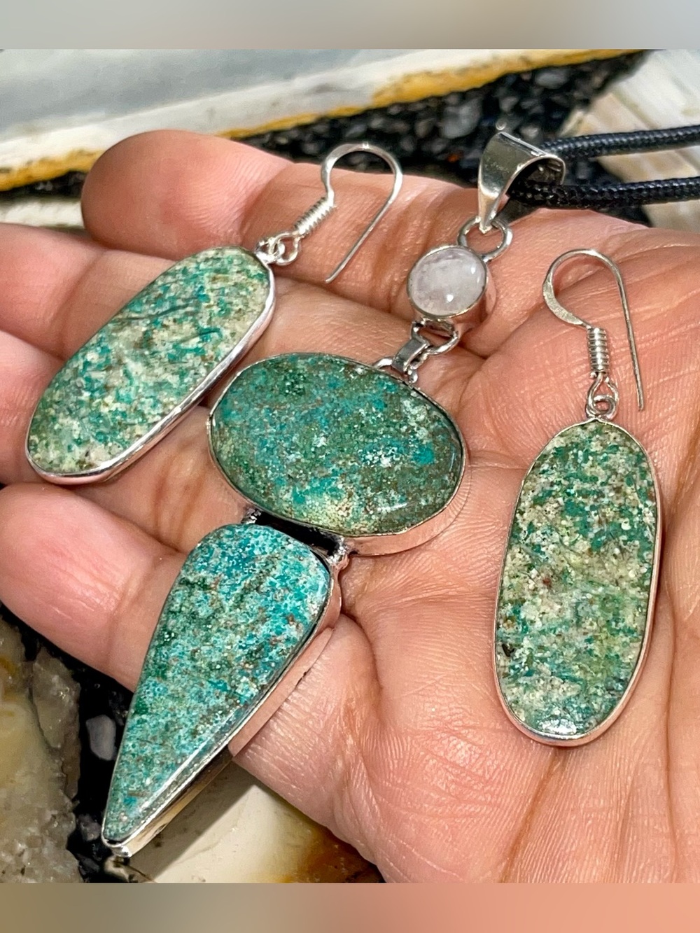 Crystal Pairing of Chrysocolla & Rainbow Moonstone Pendant & Earrings